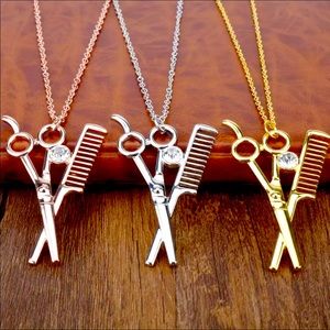 New Hairdresser Rhinestone Scissors Comb Necklace